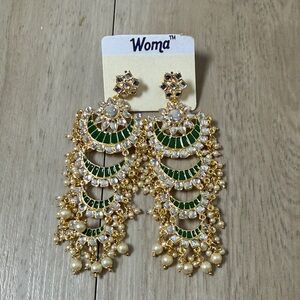 Gold & Green Layered Chandbali Earrings – Pearl Drops & Crystal Accents